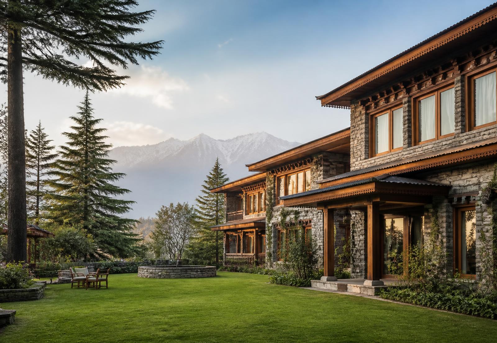 The Arosia Hotels property with lawns, pine trees and a mountain backdrop