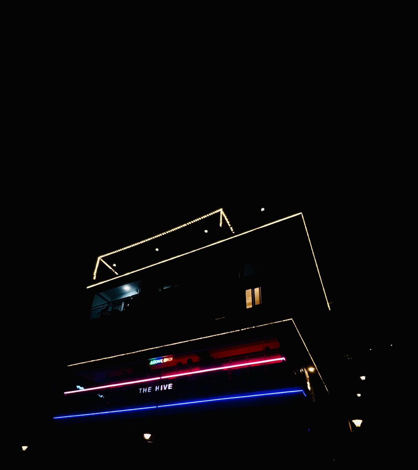 Arosia by The Hive exterior at night with neon signage and fairy lights in Rumtek, Sikkim